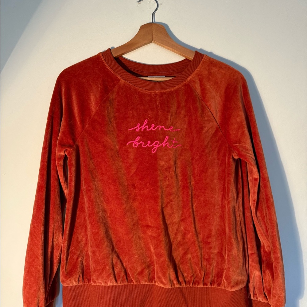 Burnt Orange Velvet Holiday Sweatshirt with Pink Embroidery